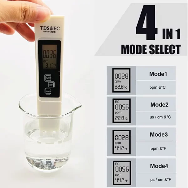 1PC White Digital Water Quality Tester TDS EC Meter Range 0 to 9990 Multifunctional Water Purity Temperature TEMP PPM Tester - Image 3