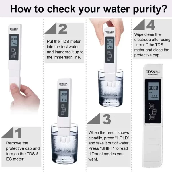 1PC White Digital Water Quality Tester TDS EC Meter Range 0 to 9990 Multifunctional Water Purity Temperature TEMP PPM Tester - Image 4