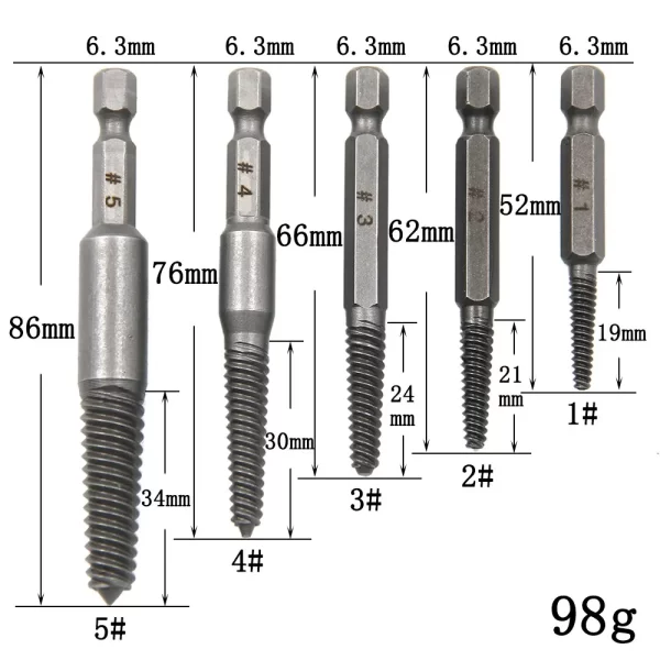 5pc Hexagonal Shank Broken Head Screw Extractor Screw Broken Head Screwdriver for Taking out Electric Drill Tool Set - Image 2