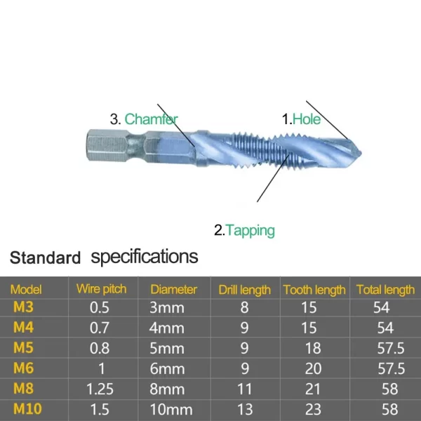 6pcs M3M10 Screw Tap Drill Bits Hss Tap Counter Sink Deburr Metric High Speed Steel 1/4 IN Quick Change Hex Tool For Woodworking - Image 4