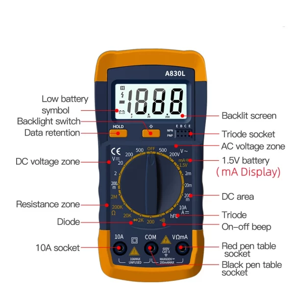 A830L LCD Digital Multimeter AC DC Voltage Diode Freguency Multitester Current Tester Luminous Display with Buzzer Function - Image 3