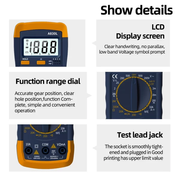 A830L LCD Digital Multimeter AC DC Voltage Diode Freguency Multitester Current Tester Luminous Display with Buzzer Function - Image 4