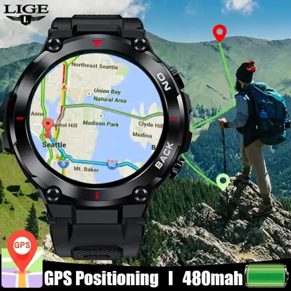 LIGE GPS New Smart Watch Men 480mAh Bracelet Sports Fitness Outdoors Watch IP68 Waterproof Smart Clock Call Reminder Smartwatch