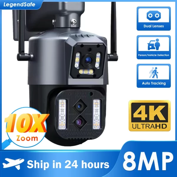 LegendSafe 12MP 6K IP WiFi Outdoor Camera PTZ Three Lens Dual Screen 10X Zoom Auto Tracking Waterproof Security Protection