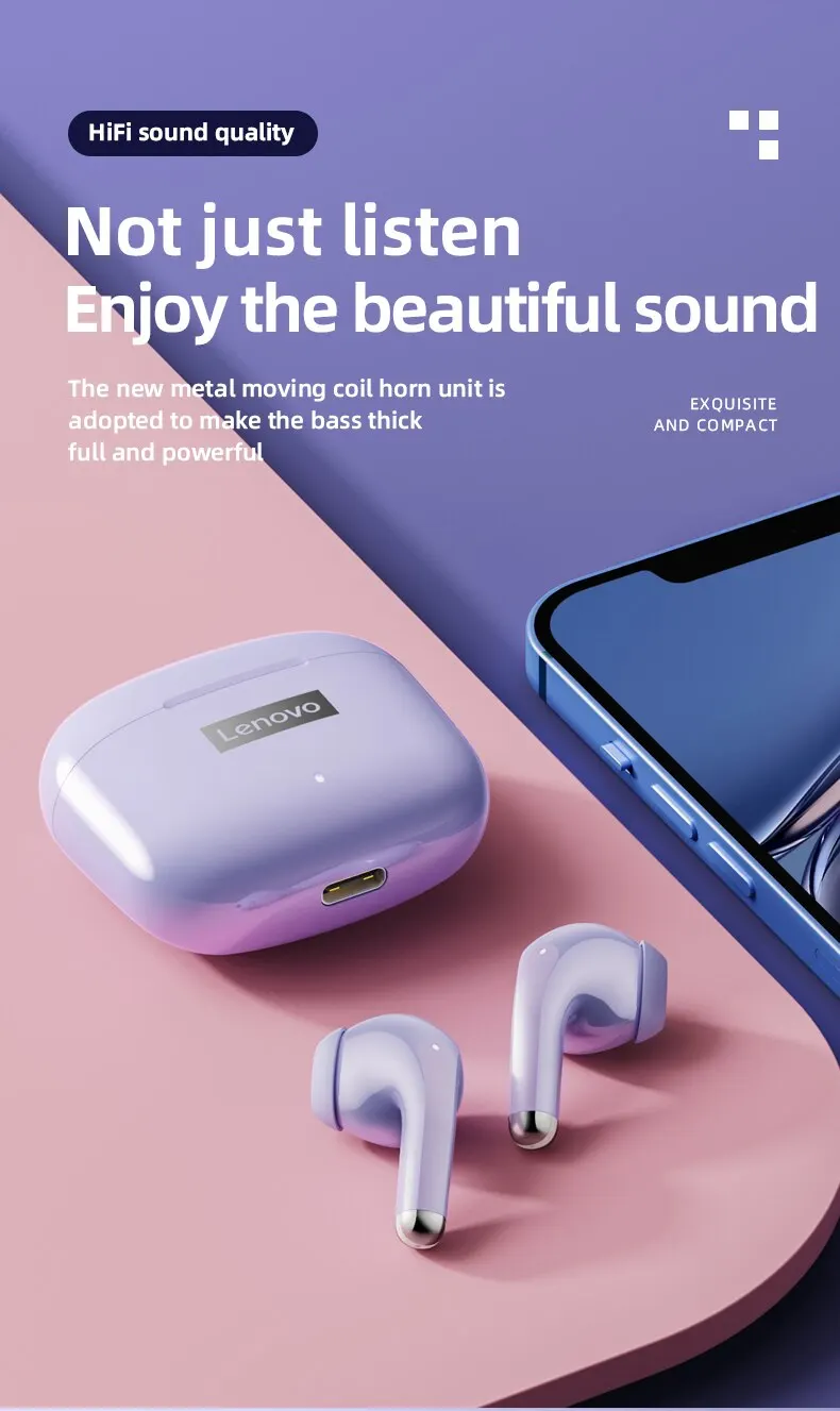 Lenovo LP40 Pro Earphones Bluetooth 5.0 Wireless Sports Headphone Waterproof Earbuds with Mic Touch Control TWS Headset 9
